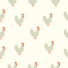 Seamless pattern with light beige chickens on a pale background. Clean and minimalist poultry motif perfect for wrapping, textiles, and rural-themed decor.