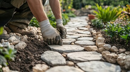 Landscaper installing a stone path in a garden. Featuring design and craftsmanship
