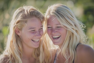 Fototapeta premium two blond young women laughing and having fun together in nature