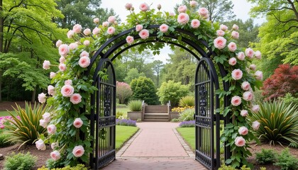 Obraz premium Ornate garden archway with roses, romantic elegance