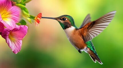 Naklejka premium Hummingbird in Flight, Feeding on a Pink Flower