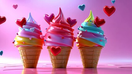Three colorful ice cream cones with heart decorations on pink backdrop. Sweet dessert concept for valentine day greeting card design, food presentation.