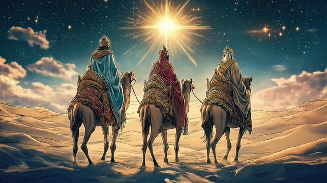 Anime style scene depicting the three wise men riding camels following the shining star of Bethlehem. Christmas. The birth of baby Jesus. Religion and nativity concept.