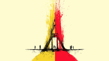 French Revolution abstract guillotine art with ink sketch style and red yellow splashes
