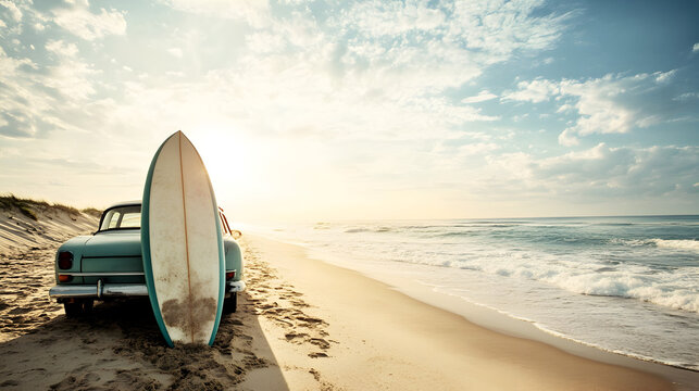 un paisaje de la playa con un carro viejo estilo retro con una tabla de surf disfrutando de la tranquilidad del mar en vacaciones de verano en un dia soleado