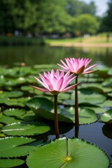 there are two pink water lillies in the water with green leaves