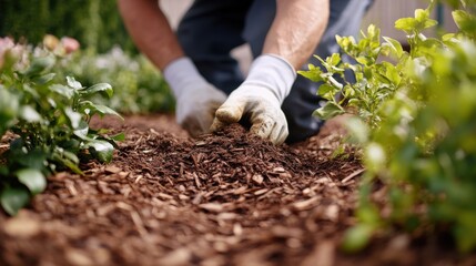Fototapeta premium Landscaper laying down mulch in garden beds. Featuring efficiency and care