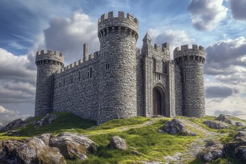 Historic castle on a rocky hill under a dramatic cloudy sky at midday