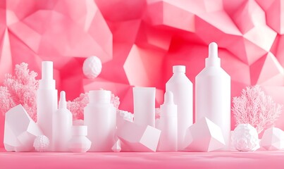 White cosmetic products on a pink geometric backdrop