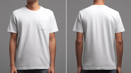 plain white T shirt featuring pocket design, modeled by male figure. shirt is displayed from both front and back angles, showcasing its simple and versatile style. This casual wear is perfect