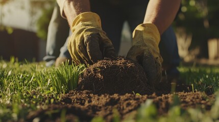 Landscaper laying sod on a lawn. Featuring care and transformation