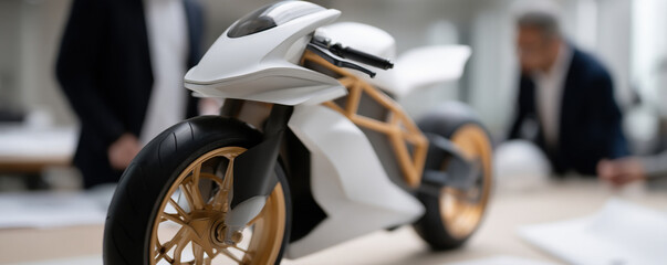 designer is showcasing concept motorcycle model, featuring sleek white body and gold accents, surrounded by sketches and plans in creative workspace. atmosphere is focused and innovative