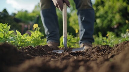 Landscaper leveling ground for garden beds. Featuring precision and care