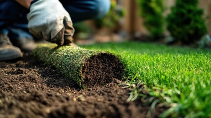 Landscaper laying sod to create a lush lawn. Featuring landscaping and growth