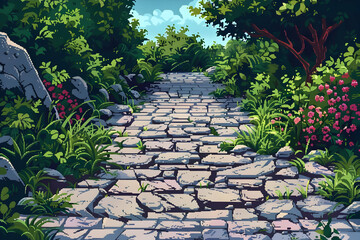 Obraz premium Stone Path Through a Lush Green Garden with Pixel Art Style Under Sunlight