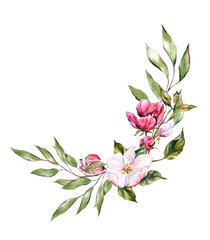 Watercolor floral bouquet featuring apple blossom branches, delicate pink and white flowers, and green leaves. Ideal for wedding invitations, greeting cards, and spring-themed designs