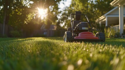 Landscaper mowing a freshly cut lawn. Featuring care and precision