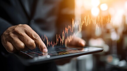 
Businessman analyzing financial data and graph on a digital tablet with a business chart, stock market, and stock bear market background concept of macroeconomic corporate sales growth