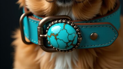 Close-up of stylish pet dog wearing decorative turquoise collar with bronze details.