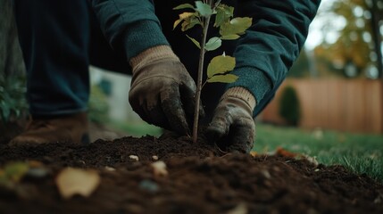 Landscaper planting a tree in a backyard. Featuring care and growth