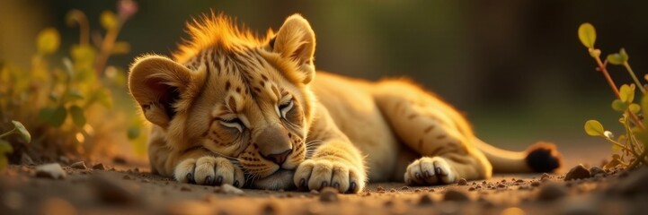 Obraz premium Young lion cub sleeps soundly, golden mane tousled , animal, beast