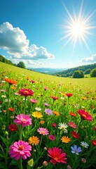 Fototapeta premium Vibrant wildflowers carpet sun-drenched field , rural, sunny day