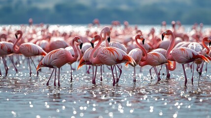 A Majestic Gathering of Flamingos in a Sparkling Lake