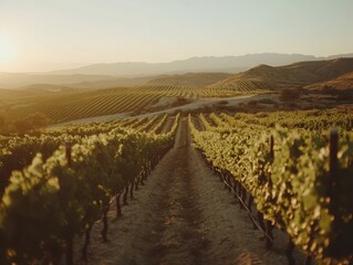 Fototapeta premium Vineyard Sunset: Golden sunlight bathes a sprawling vineyard, where rows of grapevines reach towards the horizon under a picturesque sunset. The path leads through the landscape.