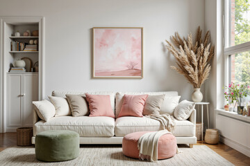 Nordic Bliss. A Scandinavian living room with a serene and inviting feel, accentuated by pastel hues. The harmonious blend of colors and textures adds warmth and comfort.