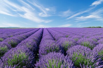 Obraz premium Lavender fields bloom beautifully under a bright blue sky in summer season