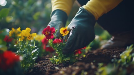 Fototapeta premium Landscaper planting flowers in a garden bed. Featuring care and beauty