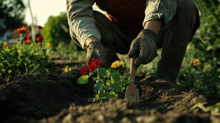 Fototapeta premium Landscaper planting flowers in a garden bed. Featuring care and creativity