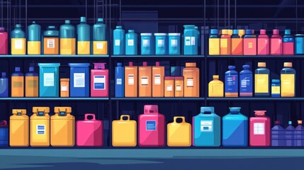 Fototapeta premium Colorful storage containers on shelves in a warehouse