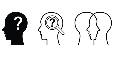 Psychotherapy icon set. Psychotherapy, neuro therapy sign with question mark , search sign, double mind into human brain black flat and outlined symbol collection illustration.