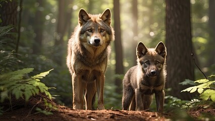 an image of two wolves sitting on the ground next to each other in the woods