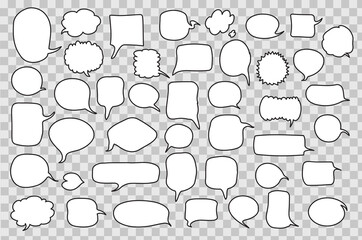 hand-drawn speech bubbles in white on transparent background, circular, rectangular, and cloud-like, monochrome, simple outline