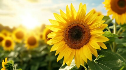 Obraz premium Sunlit Sunflower Field at Sunrise