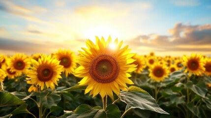 Obraz premium Sunlit Sunflower Field at Sunset Vibrant Yellow Blossoms and Warm Golden Light