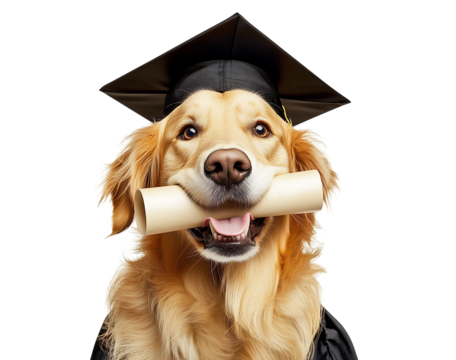 golden retriever wearing a graduation cap and holding a diploma scroll in its mouth on transparent background