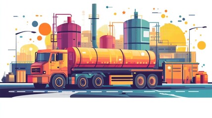 Industrial tanker truck on road, chemical plant background, transportation illustration