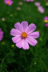 Obraz premium purple flower with yellow center in a field of green grass