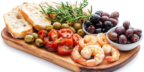 Tapas board combo pack like olives, shrimp, bread, isolated with white background