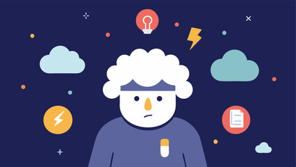 Fototapeta premium Idea Clouds A character surrounded by fluffy light clouds filled with superficial content while dark stormy clouds of real issues and critical thinking hover just out of reach.