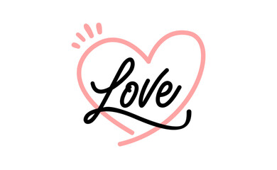 Love word text with doodle linear heart on the background.