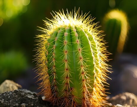 Fototapeta Close-up of a vibrant green cactus in sunlight, desert plant macro for nature themes, gardening blogs, succulent care guides, minimalist decor, botanical backgrounds, eco-friendly content