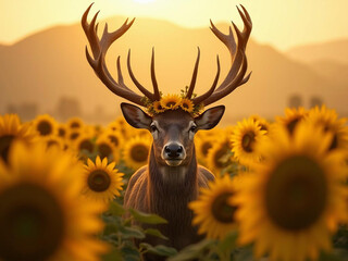 A mature stag with impressive antlers wearing a crown made of sunflower petals