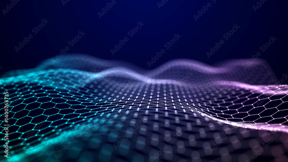 Fototapete Wave of dots and weave lines. Abstract background. Network connection structure.