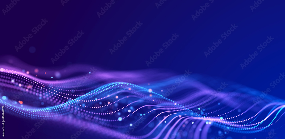 Aufkleber Big data visualization. The musical stream of sounds. Abstract background with interweaving of dots . 3D rendering.