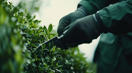 Landscaper trimming a hedge with electric shears. Featuring neatness and care