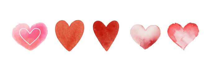 Watercolor Heart Collection, Hand-Painted Romantic Symbol hearts in Red and Pink